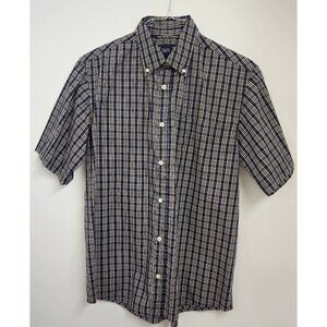 Basic Editions Short Sleeve Button-Down Shirt, Size M, blue/tan